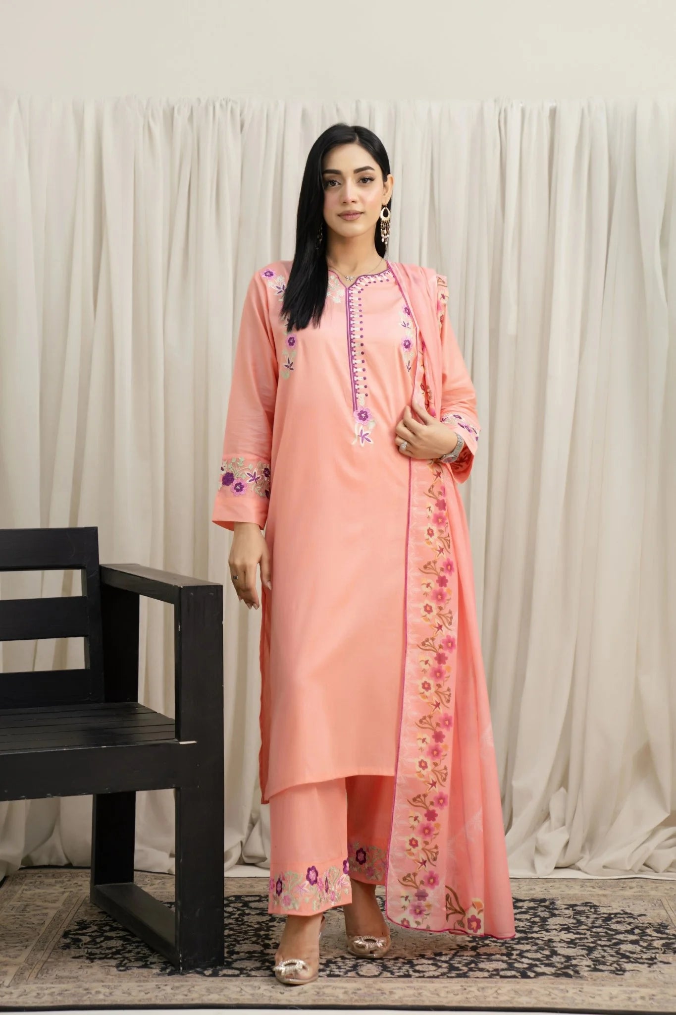 Lawn Embroidered UnStitched Lawn Suit for Women – Summer Season PEACH PINK